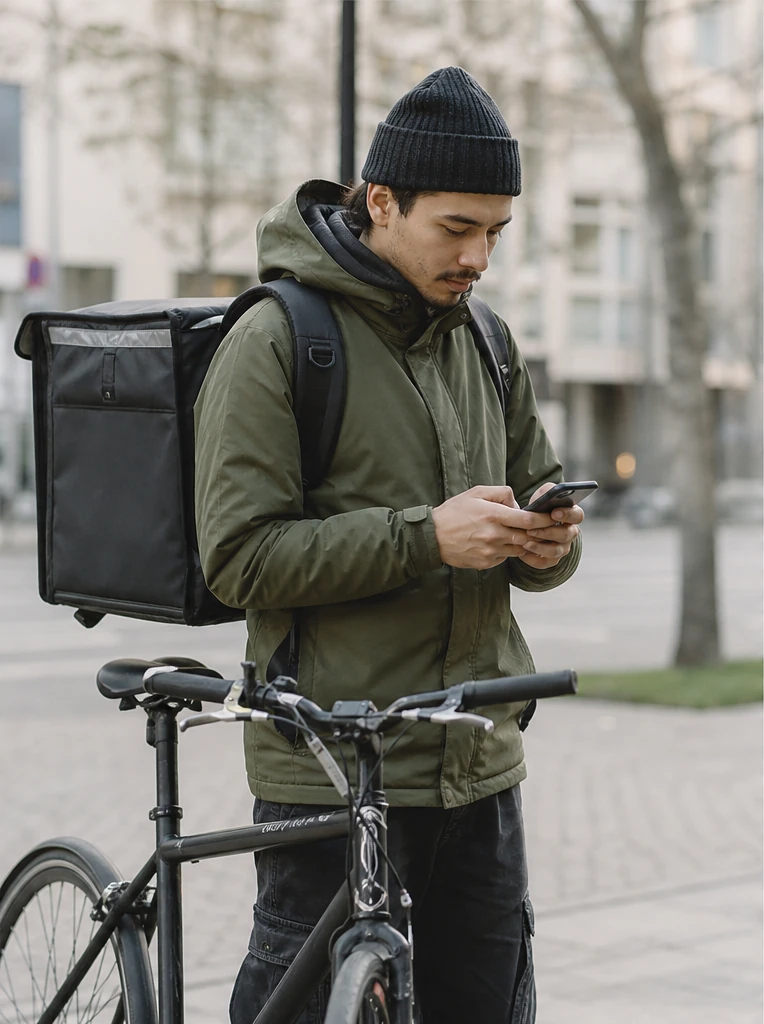 A bicycle delivery courier checking their phone on a city street