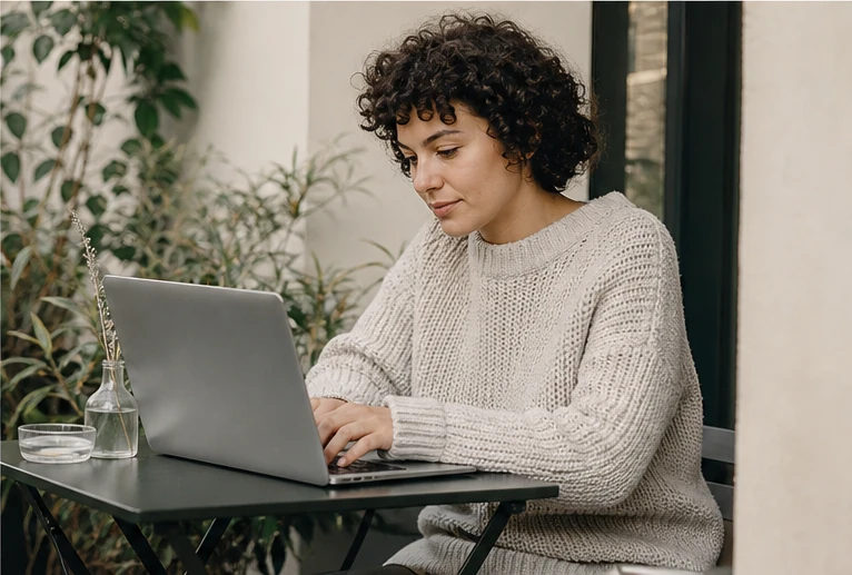 A freelancer working on a laptop at an outdoor café table