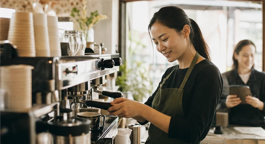 A barista preparing coffee at an espresso machine