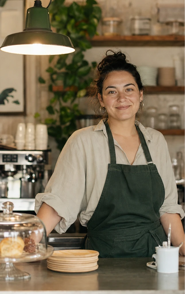 A café owner in an apron standing behind the counter