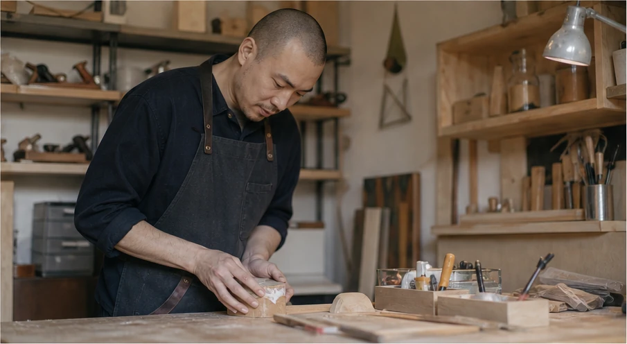 A maker working at a workbench in a small workshop
