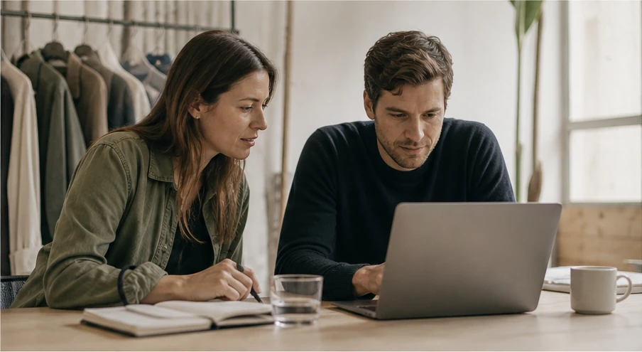 Two colleagues reviewing figures on a laptop in a small business