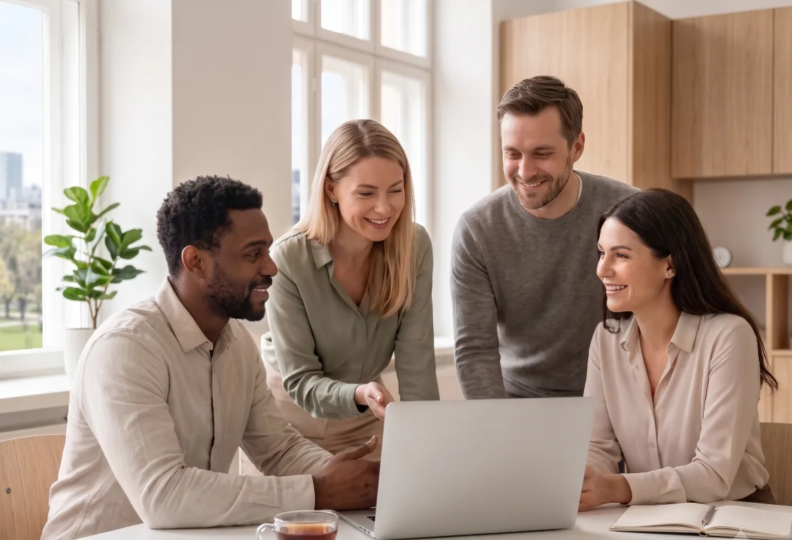The klaru accounting team collaborating around a laptop in a bright office