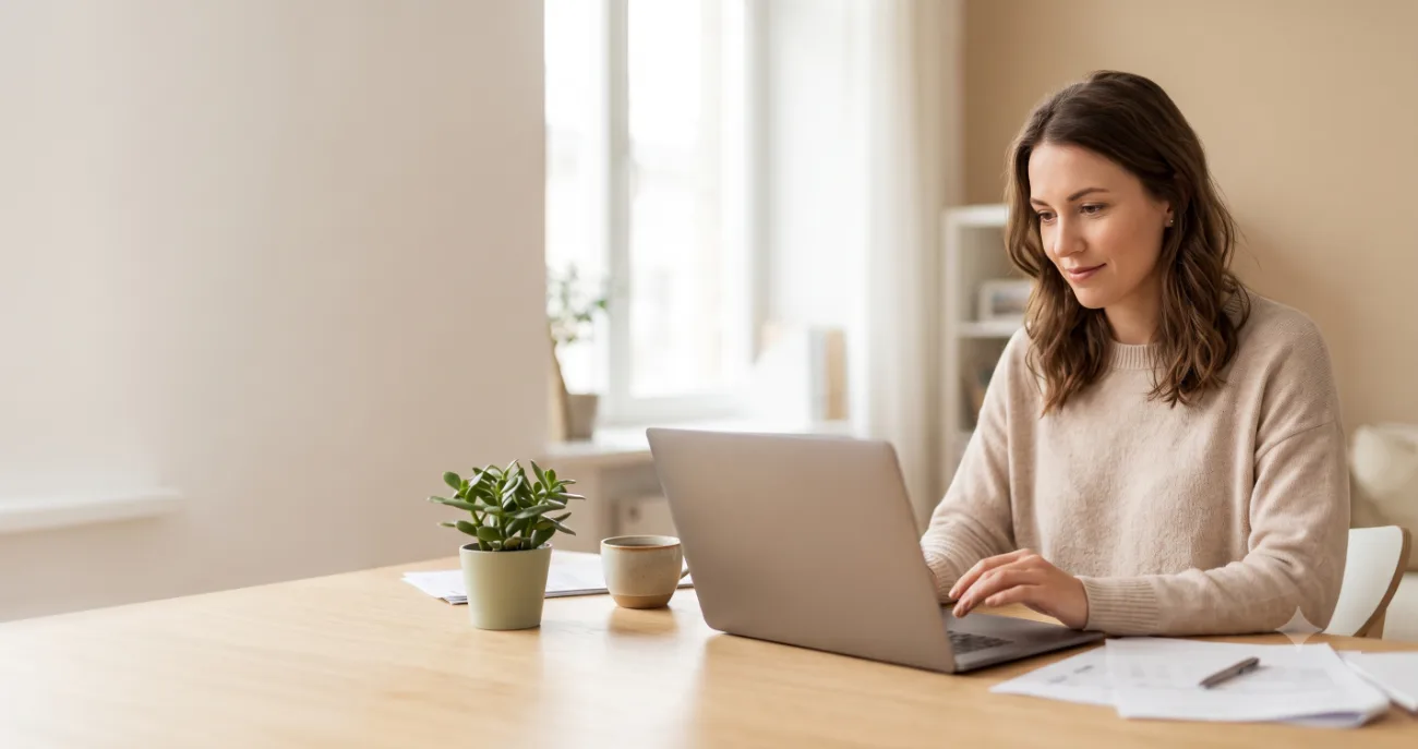 A certified klaru accountant reviewing a client's books on a laptop