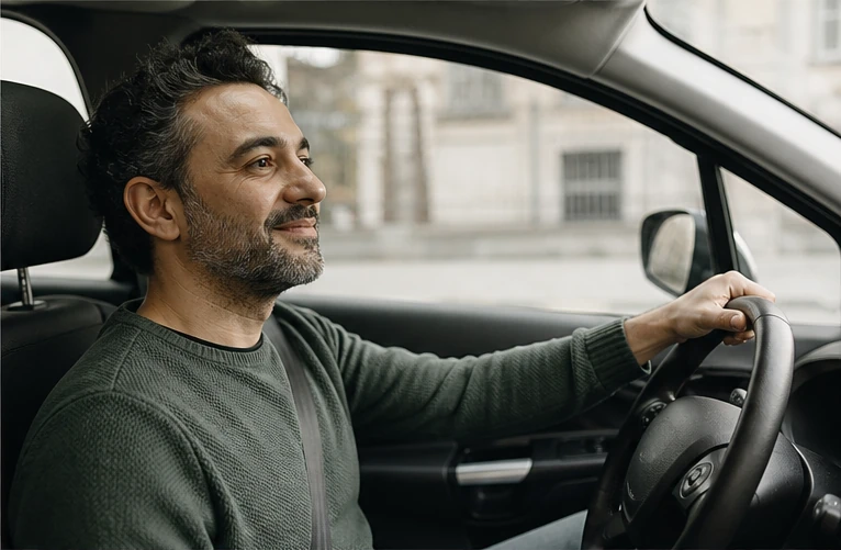 A rideshare driver smiling at the wheel of their car