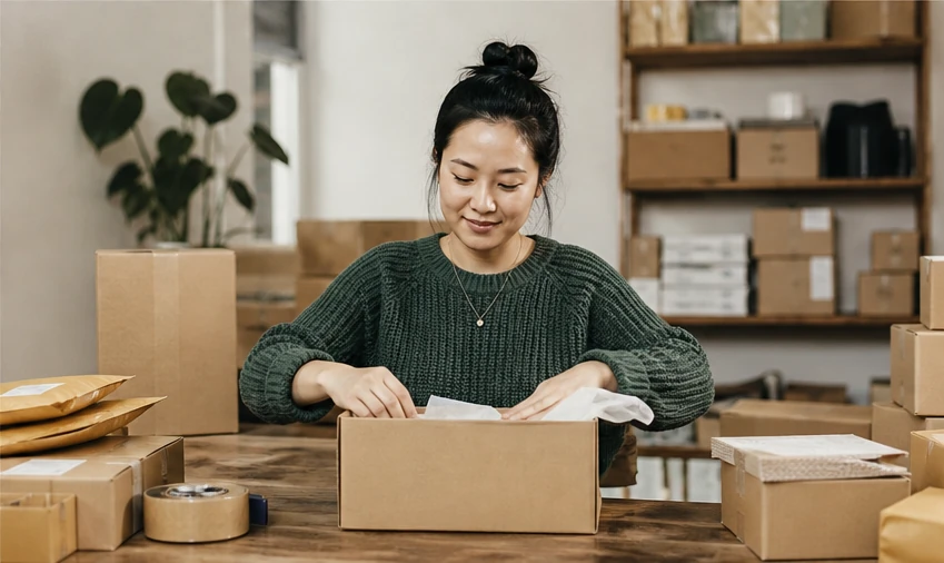 An online seller packing orders into boxes at a table
