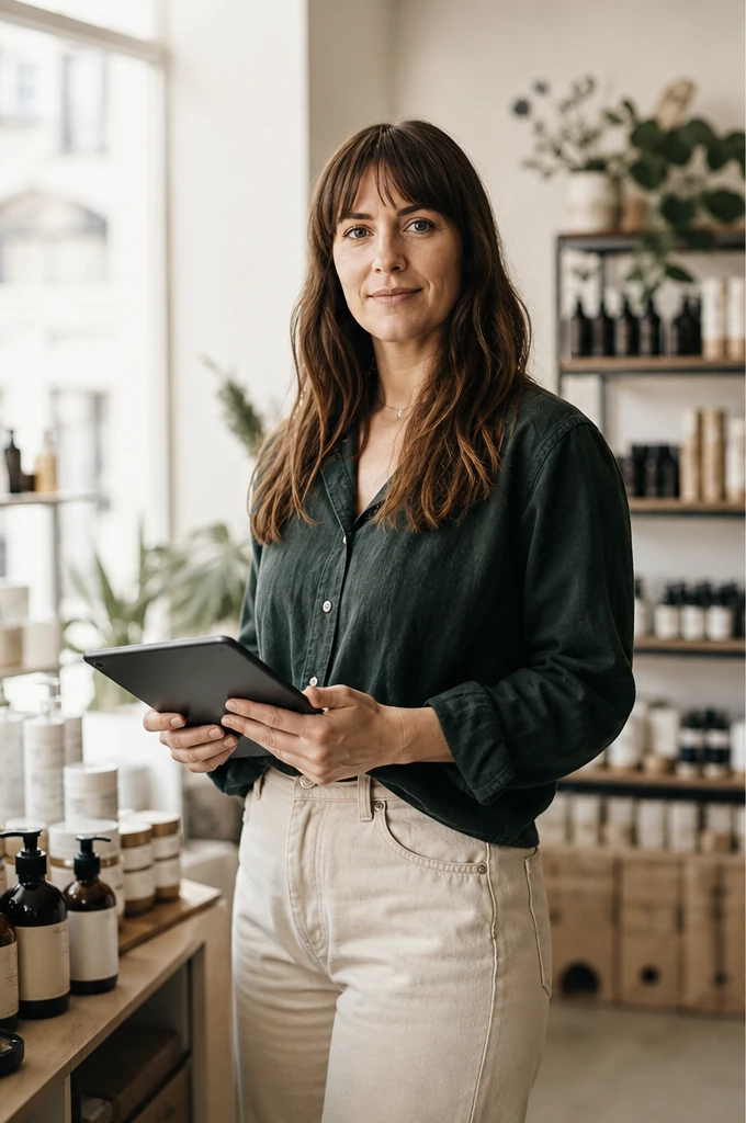 A boutique shop owner holding a tablet in their store