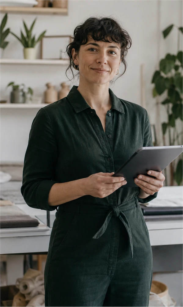 A small business owner holding a tablet in their studio